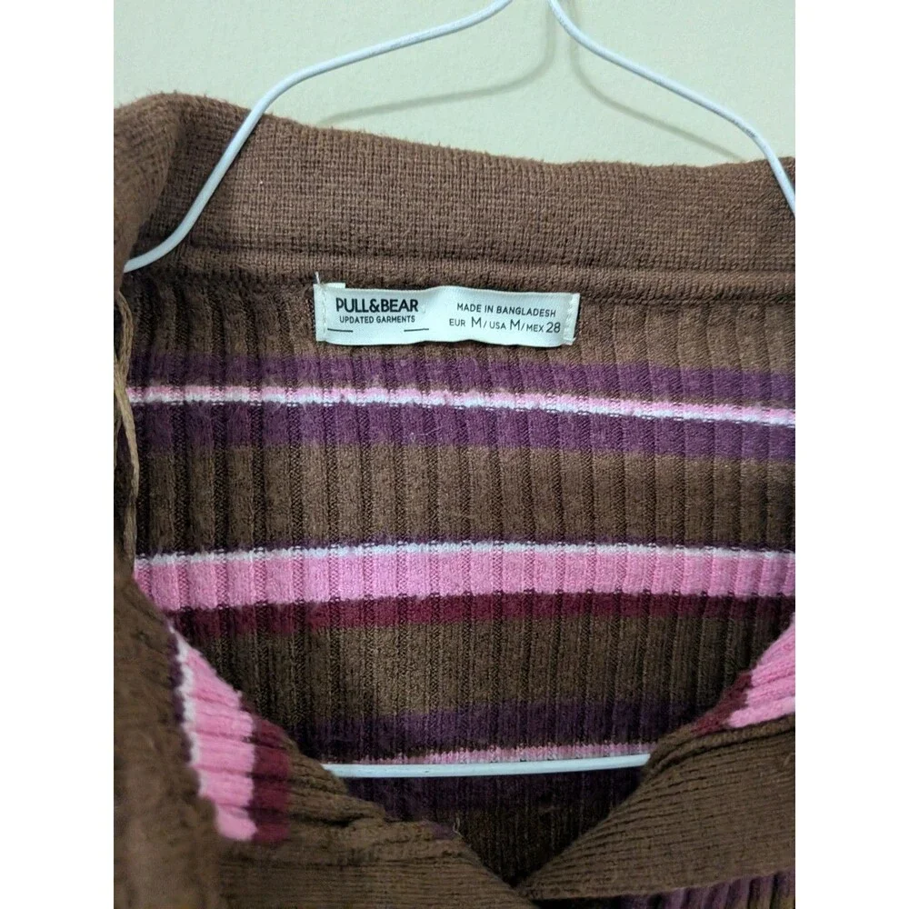 Y2K Brown & Pink Striped Ribbed Knit Polo Cardigan Crop Top